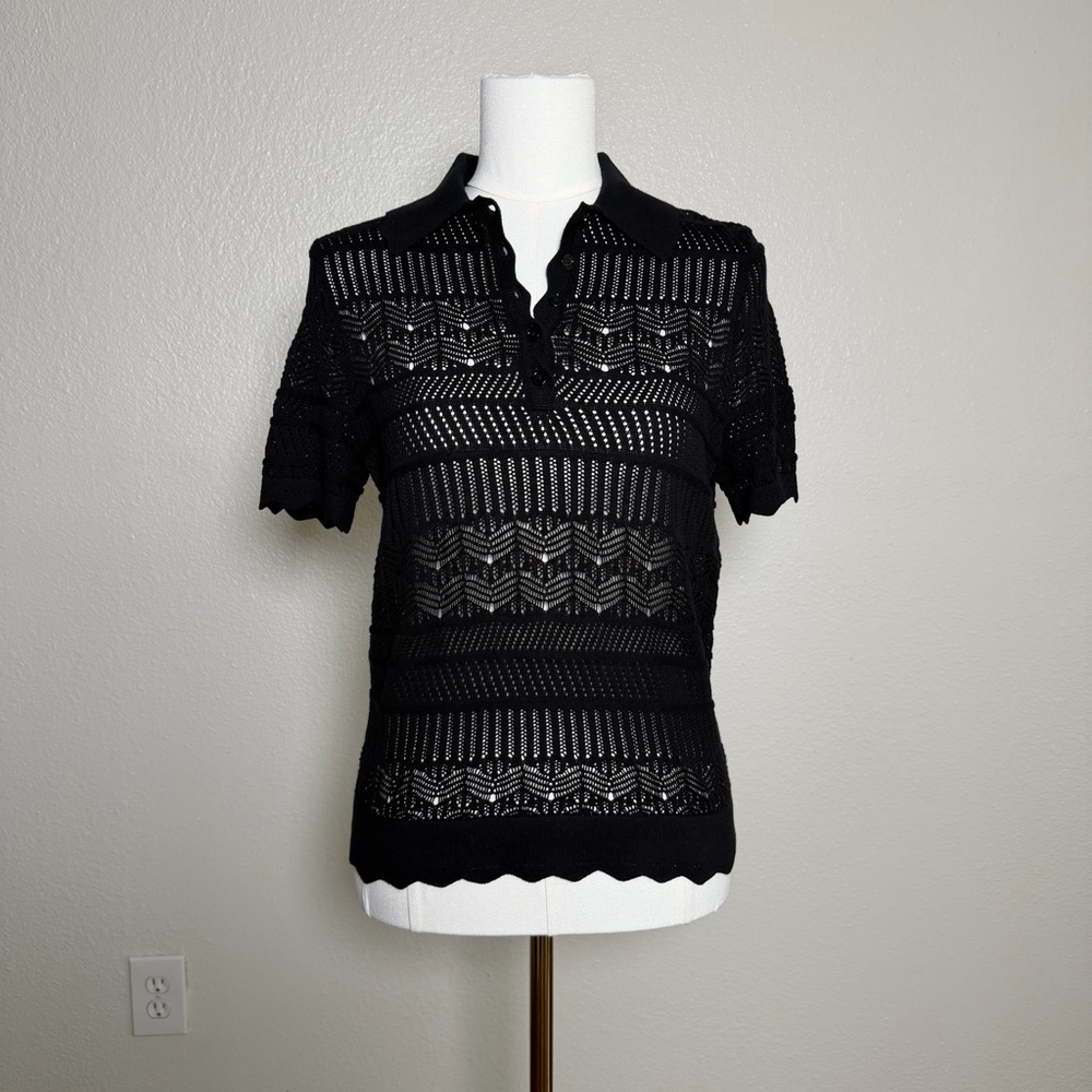 27 Miles Malibu Zora Black Knit Top | Open Knit Collared Short Sleeve | S